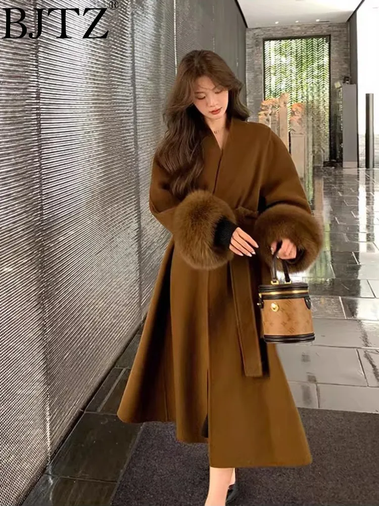

BJTZ 2024 New Fox Hair Cuffs Double-sided Cashmere Coat In Long Woolen Coat Women Long Sleeve Lace-up Fashion Temperament