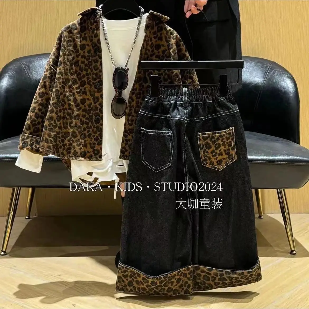 Fashion 2PCS set Spring Autumn Boys Clothing Leopard print Shirt+ Jean pant Kid Children baby toddler Party Gentleman clothes