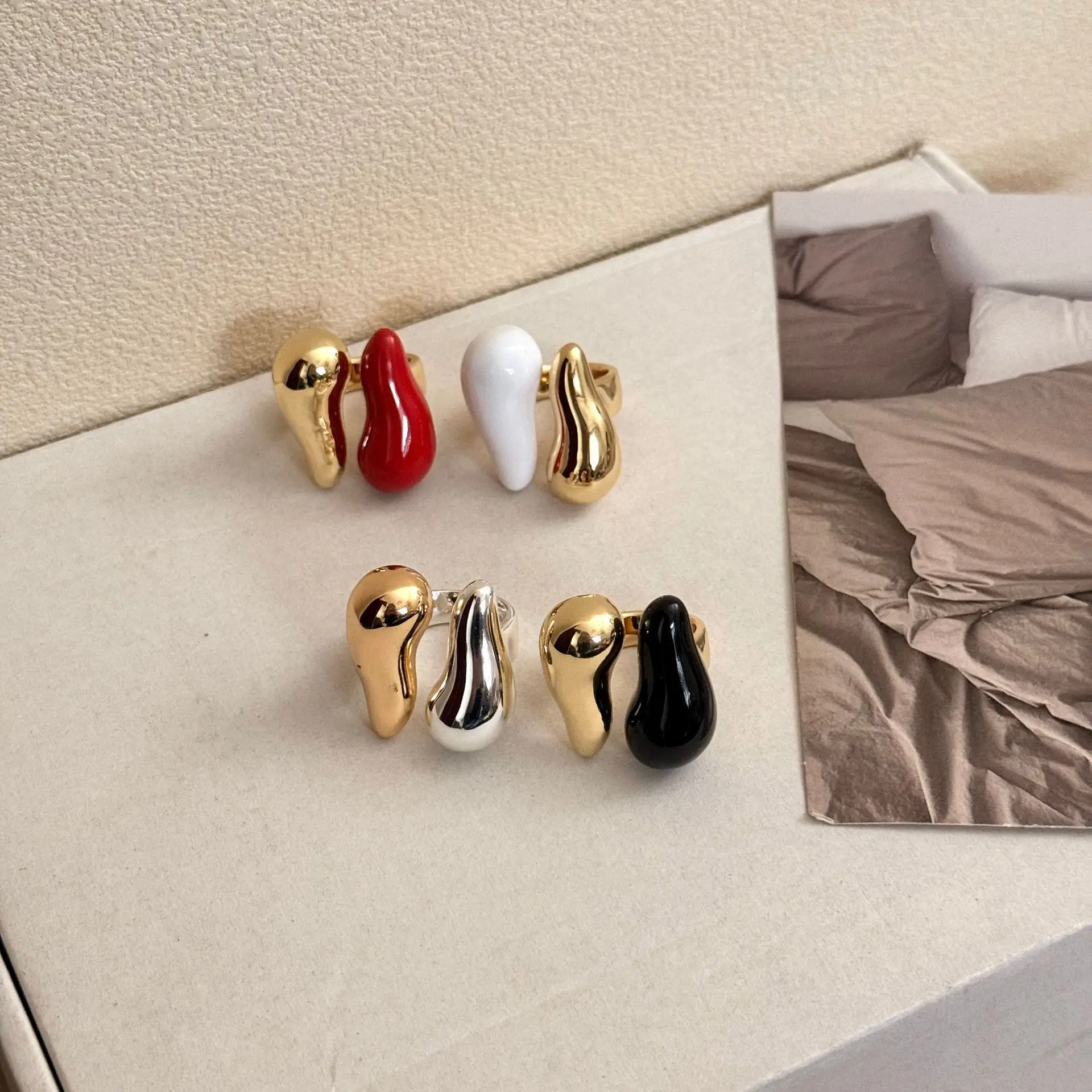Vintage Water Drop Irregular Enamel Open Adjustable Rings for Women Girls Gold Plated Trendy Finger Jewelry Gift
