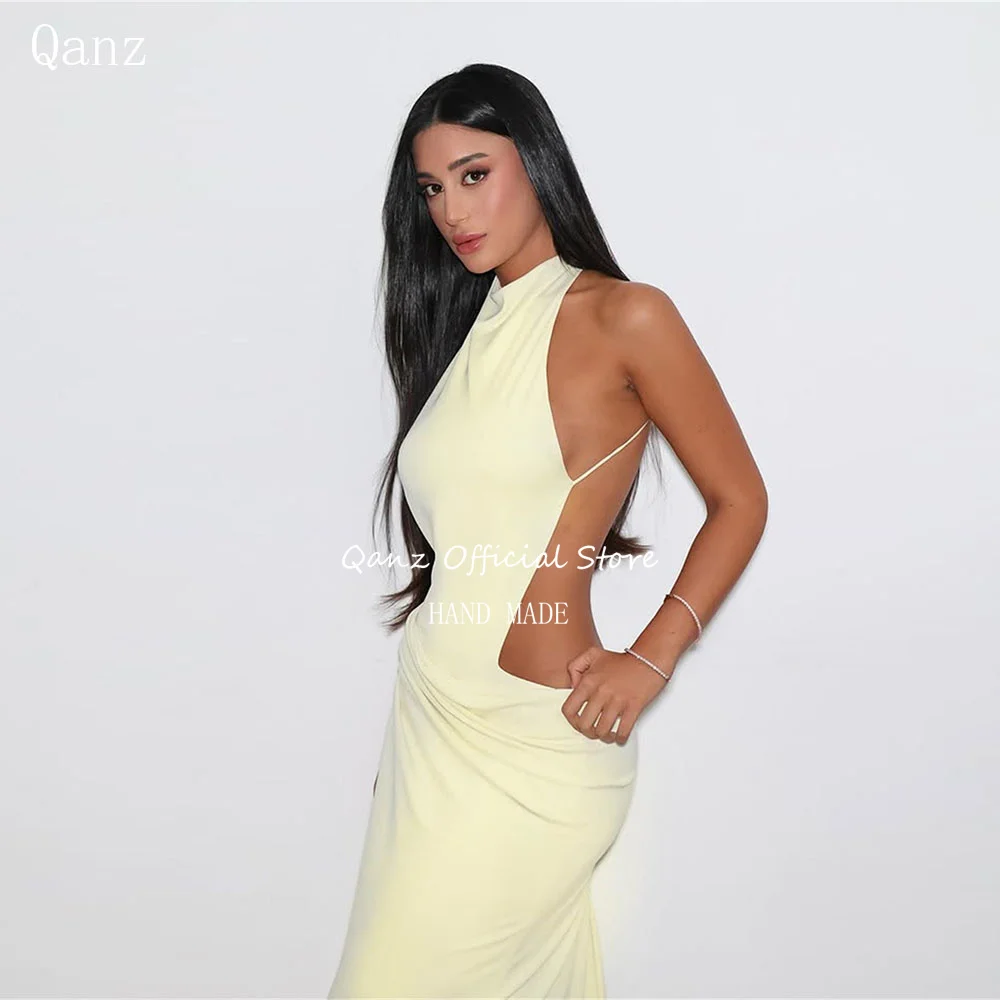 

Qanz Sexy Backless Prom Dress Mermaid Light Yellow Satin Evening Dresses Women Sleeveless Vestidos De Fiesta Customized