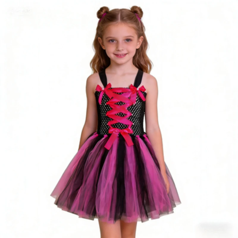 

Halloween Kids Girls Mesh Puffy Dress Rose Red Black Patchwork Princess Ball Gown Children Performance Party Costume Skirt
