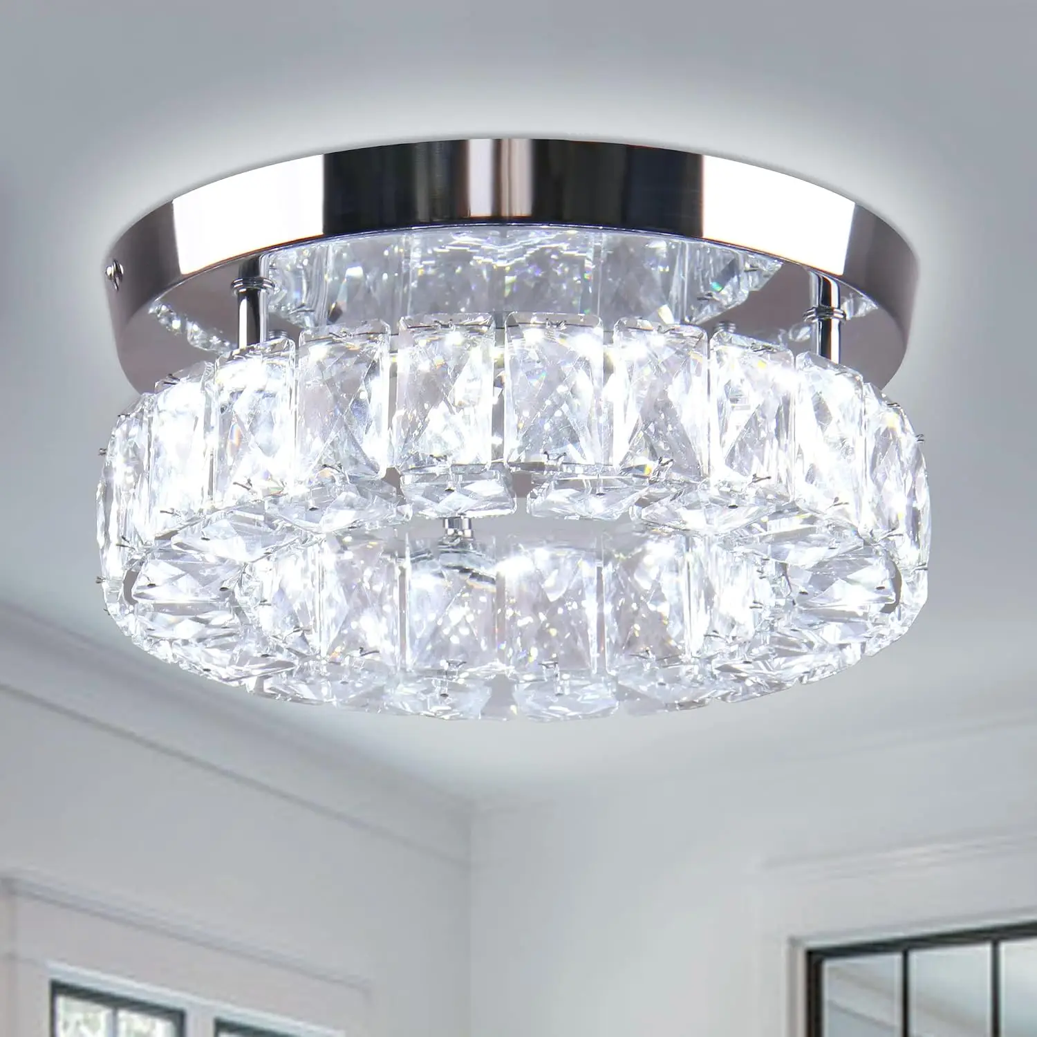 9.8-inch (about 24.9 cm) Round Crystal Embedded Chandelier Ceiling Light, Cool White