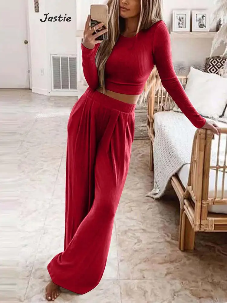 Autumn Solid Two Pieces Suits Women Slim Knit Sweater With Loose Wide-leg Pants Sets Casual Simple Elastic Waist Trousers Suits