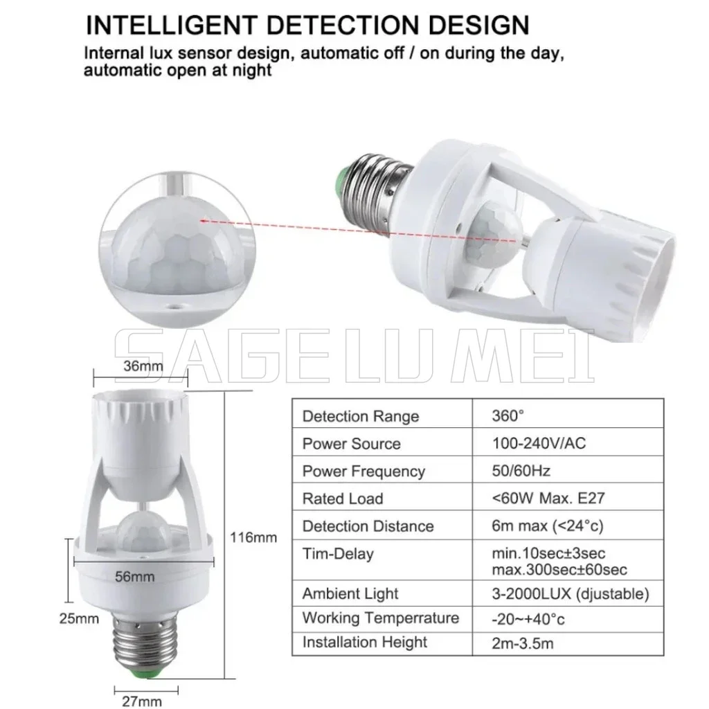 Żarówka LED PIR Czujnik ruchu indukcyjnego LED Gniazdo lampy nocnej Podstawa E27 Oprawka lampy AC 100-240V Czujnik obecności człowieka Przełącznik