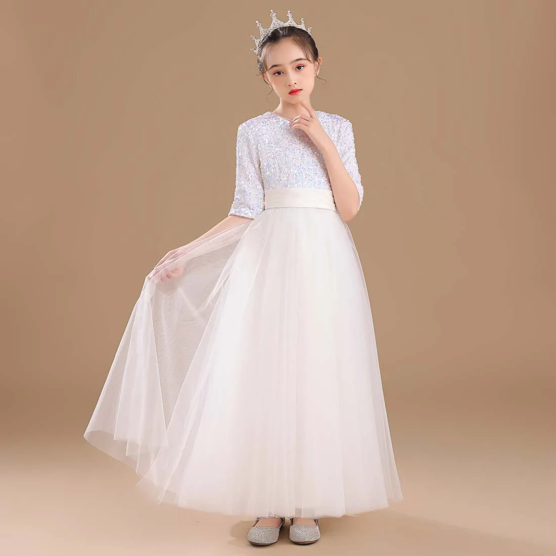 YZYmanualroom Glitter Sequins Long Sleeves Flower Girls Dresses For Wedding Tulle Birthday Party Christmas Dress For Girl