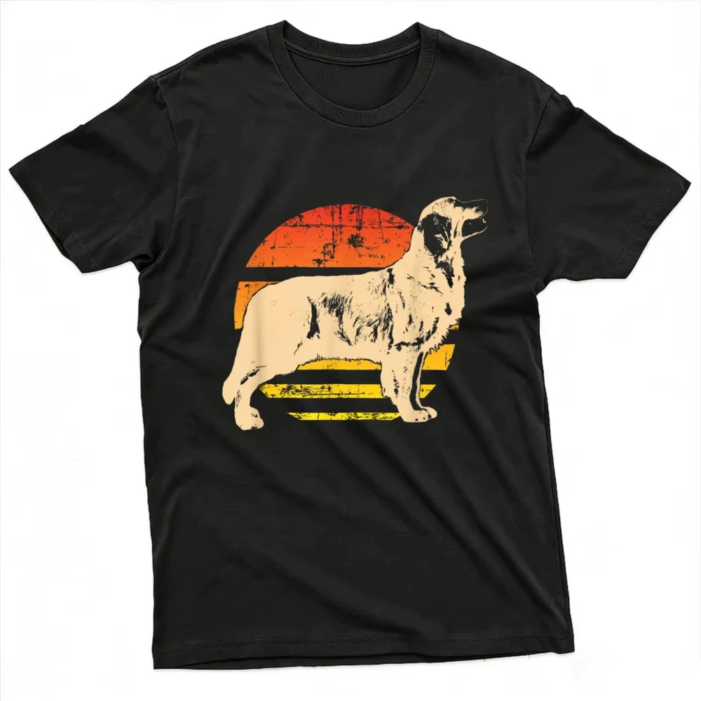 Distressed Retro Sunset Golden Retriever Silhouette Graphic T Shirt Side Profile Dog Retro Striped Sun Print Men Clothes