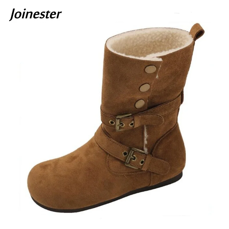 

Retro Style Round Toe Height Increased Short Boots for Winter Faux Suede Pure Color Versatile Ankle Booties with Buckle