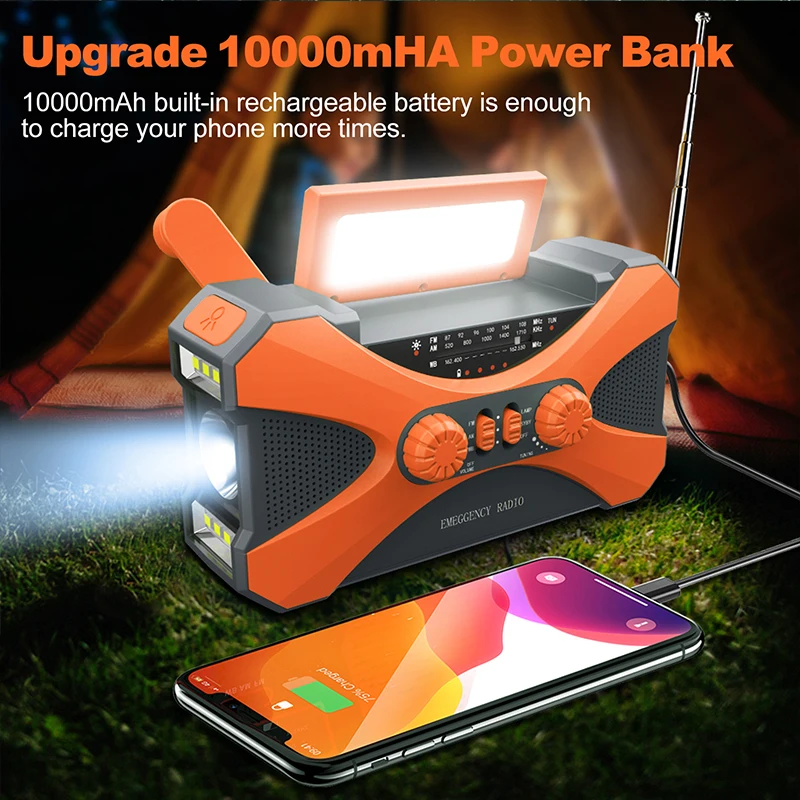 Emergency Flashlight Torch 10000mAh Power Bank Multifunctional Radio Hand Crank Solar USB Charging FM AM WB NOAA Weather Radio