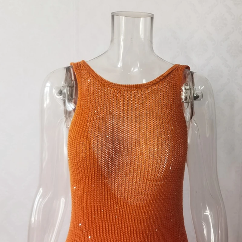 Vestido de playa de vendaje largo para mujer, traje de baño Sexy de punto con lentejuelas y espalda descubierta, traje de baño de ganchillo, pareo femenino