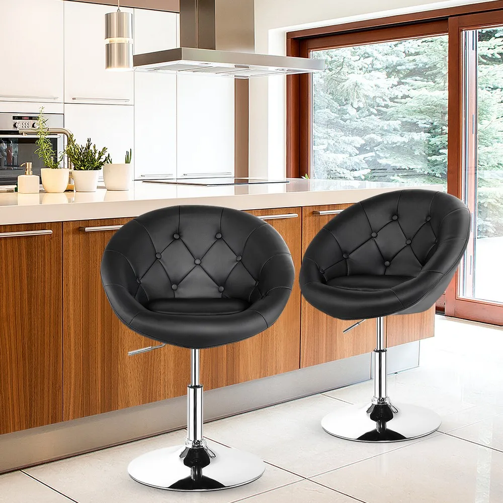 2 PCS Swivel Bar Stools Height Adjustable Round Tufted Back Chairs Black