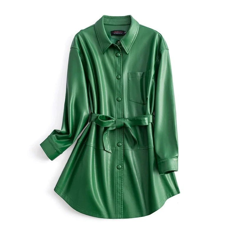 2025 Vintage Black Women's Leather Trench Coat Spring Autumn Single-breasted Sashes Windbreaker Lady Loose PU Leather Outerwear