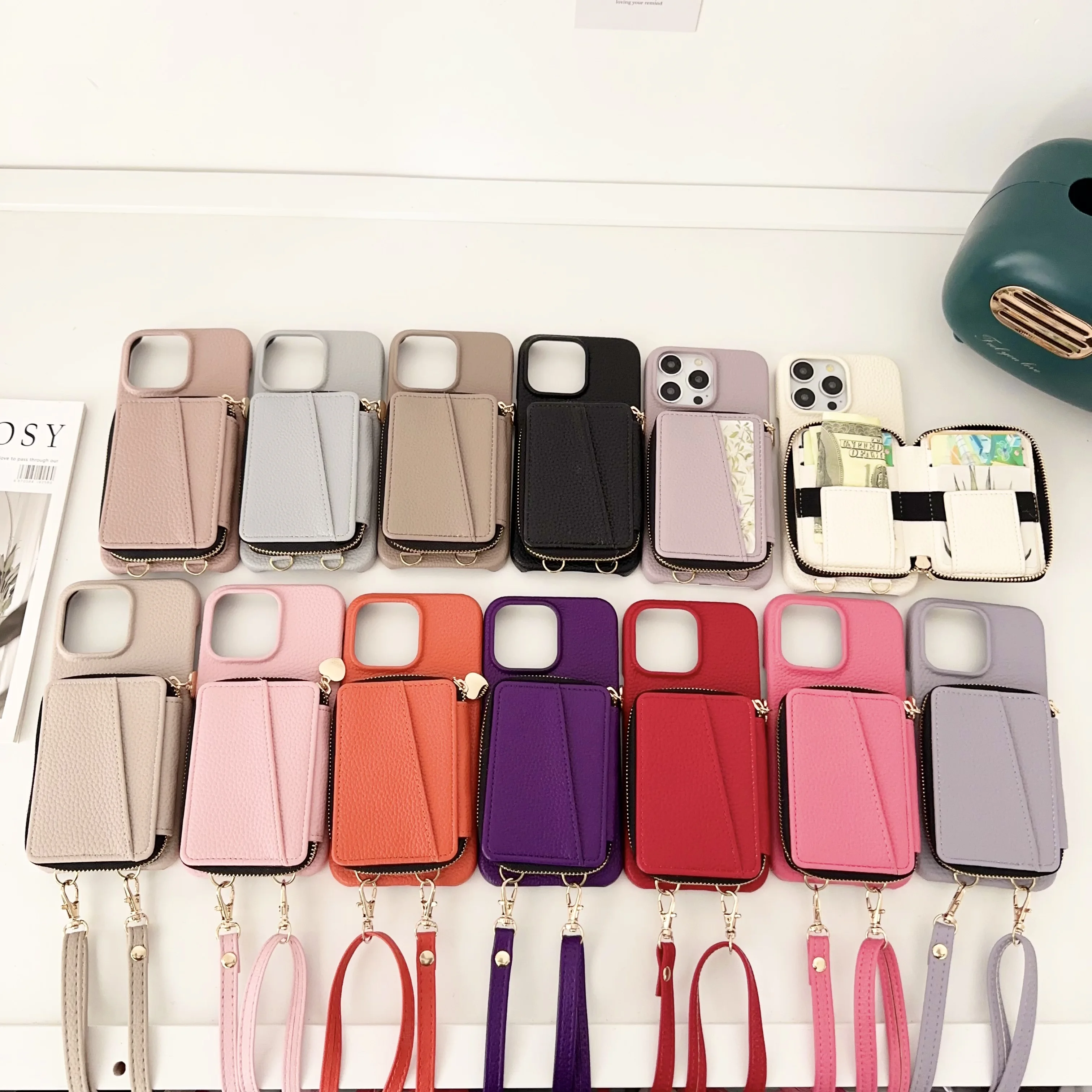 Zipper Crossbody Cards Bag Leather Wallet Case For iPhone 15 Pro Max 13 14 Plus 12 11 7 8 SE 2022 Lanyard Pocket Purse Cover
