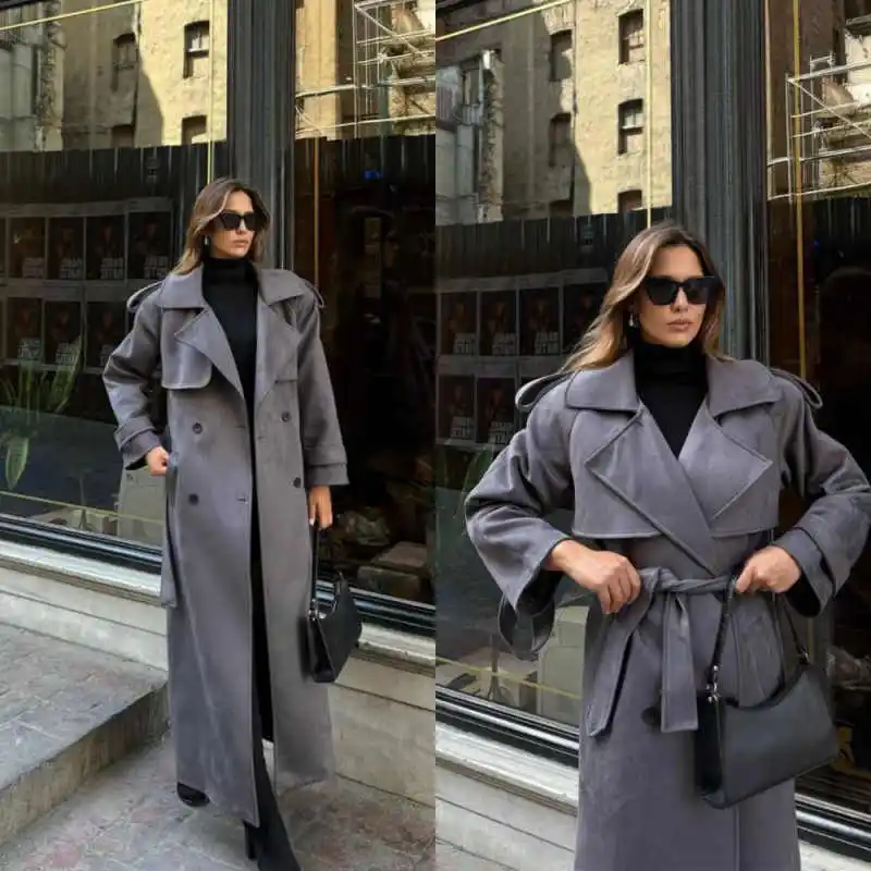

Autumn Winter New Women's Overcoat Solid Color Soft Notched Lapel Double-Breasted Coat Casual Street Customized