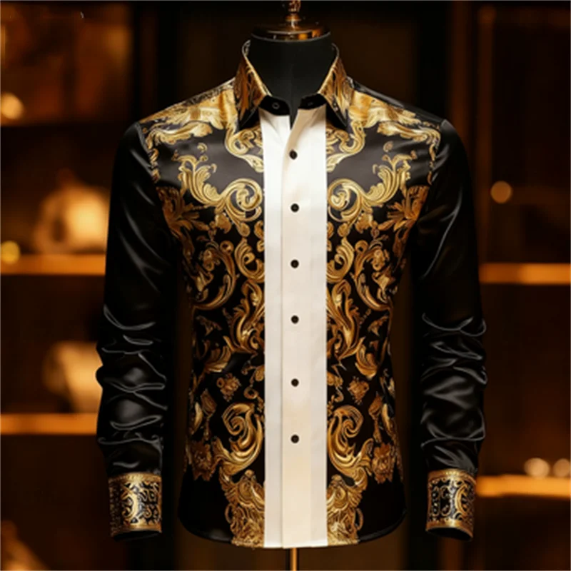 New men's fashionable business long sleeved shirt with paisley pattern design paired with a lapel chest flower top