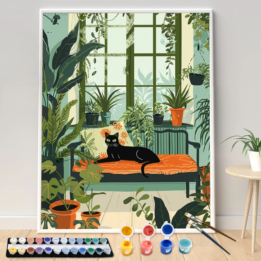 Hand Painting Animal Cat In Bedroom Living Room Landscape Painting By Numbers Kit DIY Artwork Canva Art GiftHome Decoration Gift