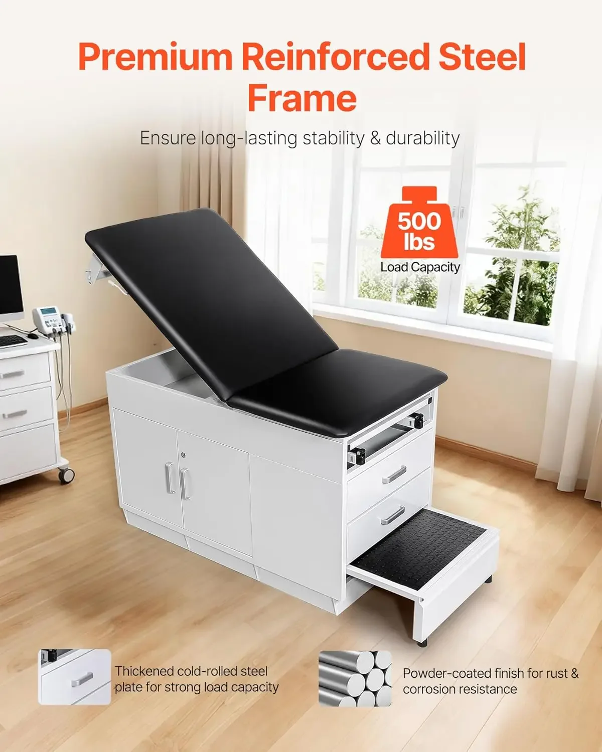 Pro Medical Exam Table, Medical Examination Bed with Adjustable Backrest, Physical Therapy Exam Table with Locking Cabinet, 2