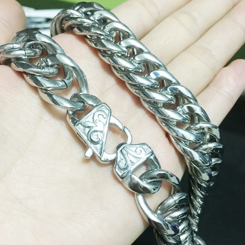 16mm Heavy Mens Chain Boys Necklace Double Curb Cuban Link Necklace 316L Stainless Steel Necklace 7-40 inch Optional