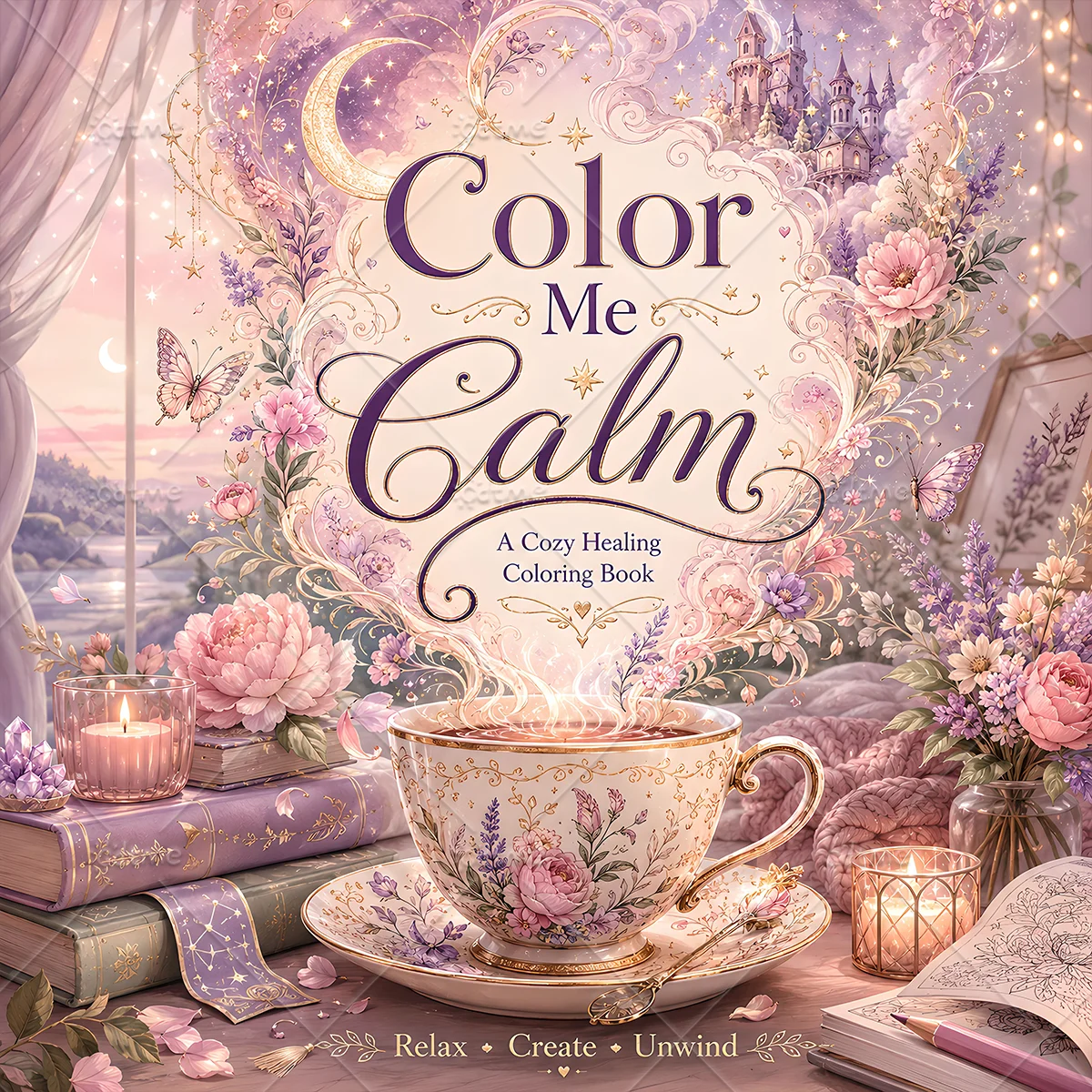 Color Me Calm Enchanted Coloring Book, pages de dessin magiques sur le thème du château floral et de la lune pour la relaxation et le soulagement du stress des adultes