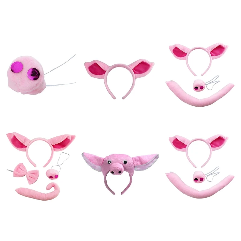 Pink Piggy Ear Headband Nose Tail Set Christmas Halloween Party Decoration