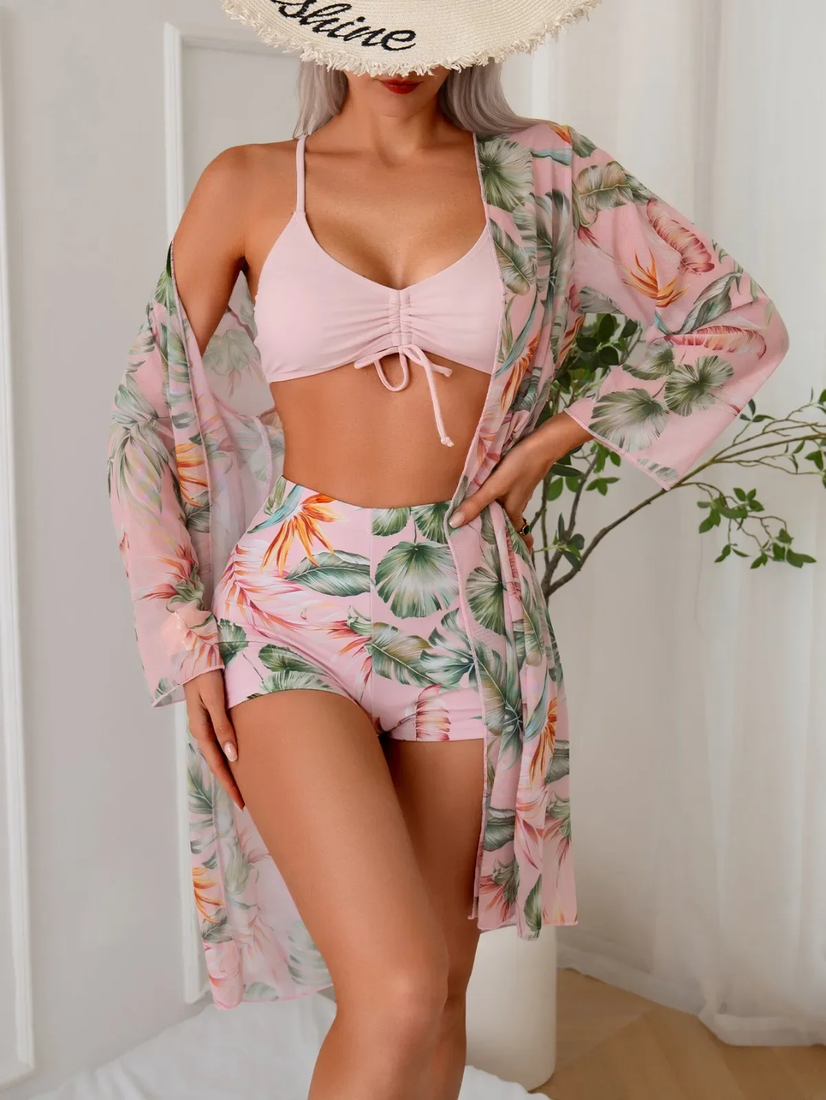 

Маленькое свежее бикини, женские комплекты из трех предметов, тропический пляжный купальник-кимоно, купальный костюм, летний солнцезащитный купальник