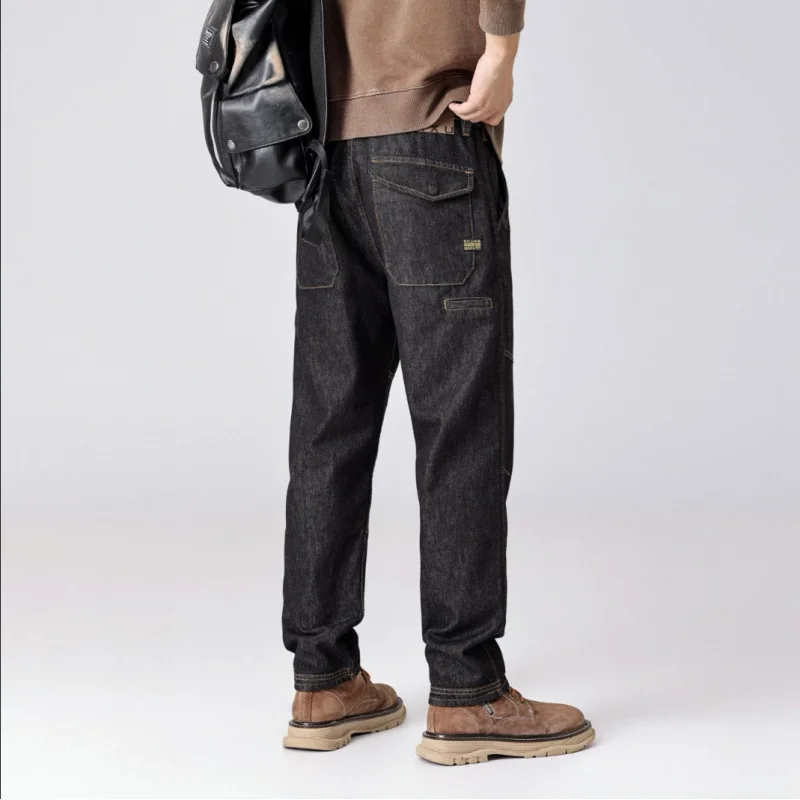 

Высококачественные свободные джинсы прямого кроя для мужчин с лоскутным дизайном, модные повседневные брюки с наклонными карманами в японском стиле