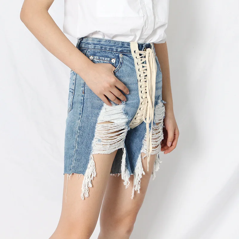 ANJY Estate Nuove Donne Chic Y2K Streetwear Vintage Diatressed Patchwork Croce Cravatta Personalità Della Moda Sexy Denim Hot Shorts A7150