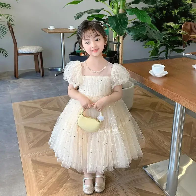 Girls' Bubble Sleeve Dress Summer Clothes Square Collar Full Sky Star Sequins Net Yarn Sweet Birthday Party Princess Dresses