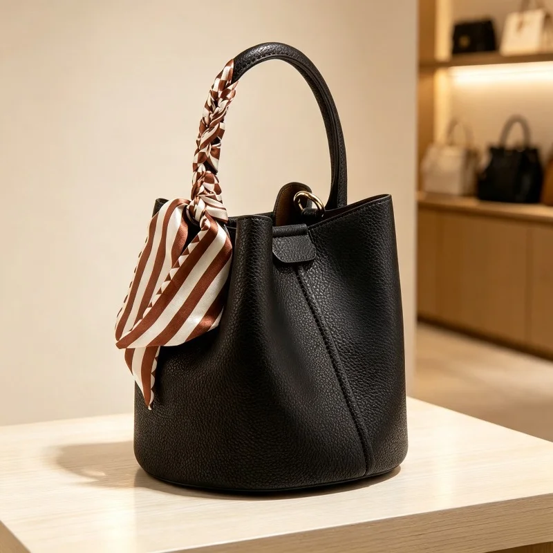 Vintage Bucket Handbag Women Pebbled Texture Silk Scarf Ornament Large Capacity Casual Shoulder Crossbody Bag
