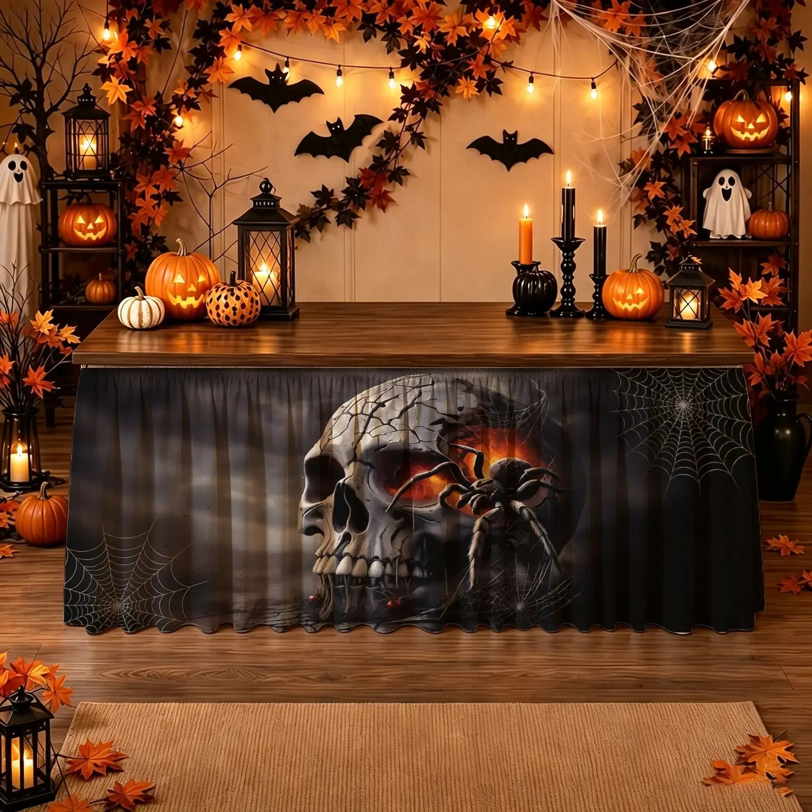 Halloween Christmas Party Scary Tablecloth Set - Black Skull Spider Web Background Printed Decoration