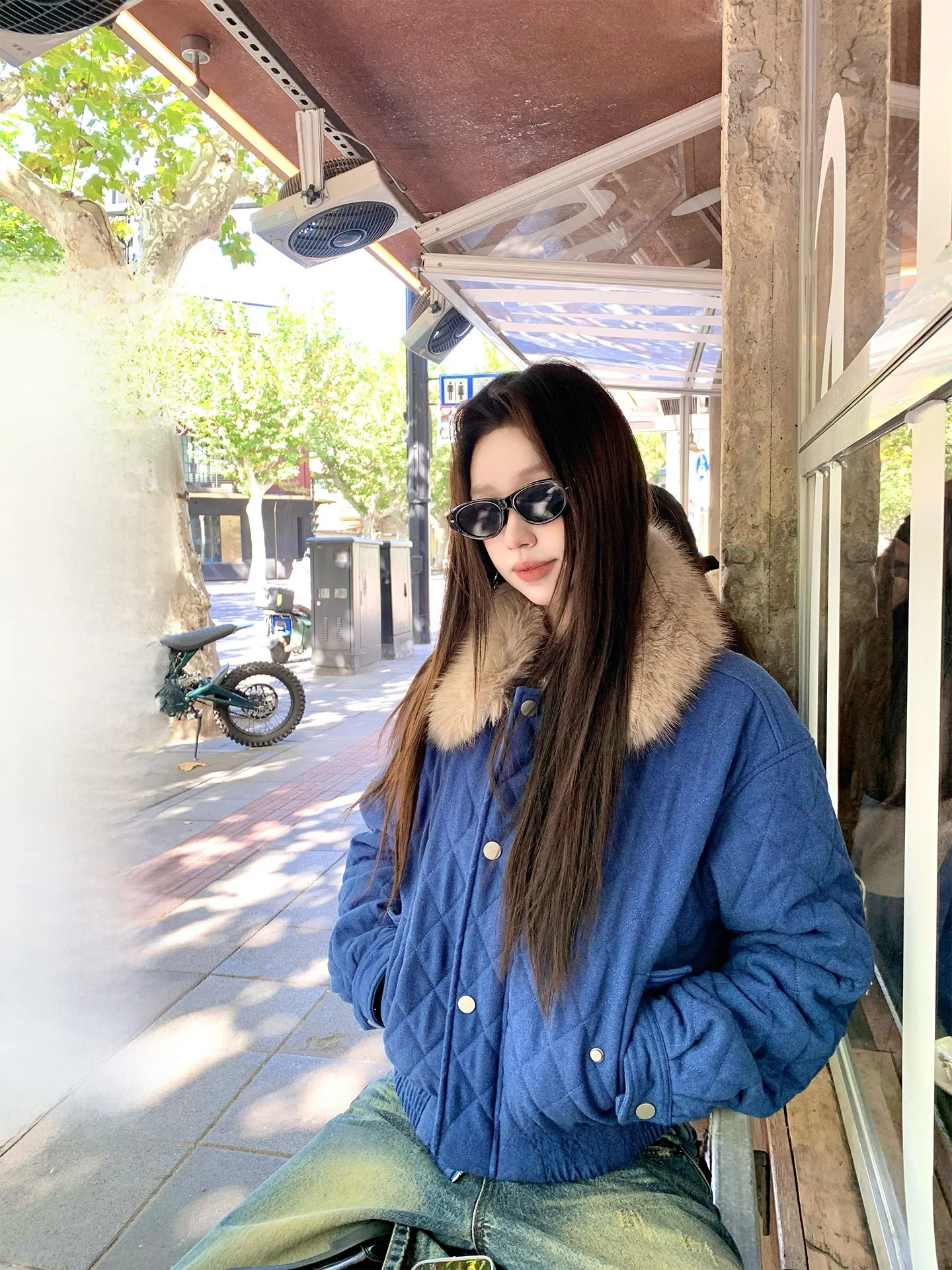 

Жакет-пальто из стеганого хлопка с узором «Синий бриллиант» и меховым воротником, экологичный, женский, для повседневной носки, приталенный крой