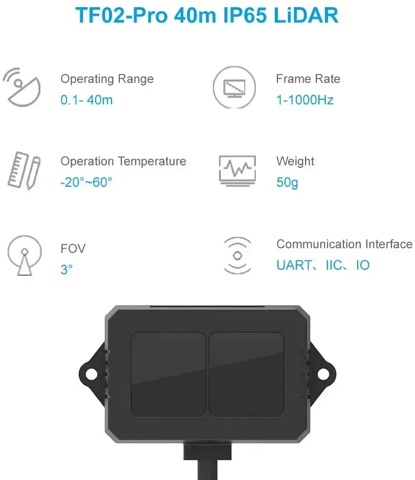 TF02 Pro TOF Lidar Range Finder Sensor Module 40m LED Rangefinder Single Point Ranging Laser Detector UART I2C IP65