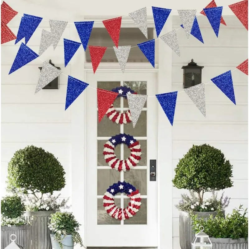 Red Blue Silver National Day Patriotic Triangle Flag Banner 4th of July USA American Independence Day Celebration Hanging Decor