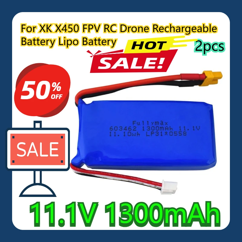 

For XK X450 FPV RC Drone Rechargeable Battery 11.1V 1300mAh Lipo Battery 2PCS
