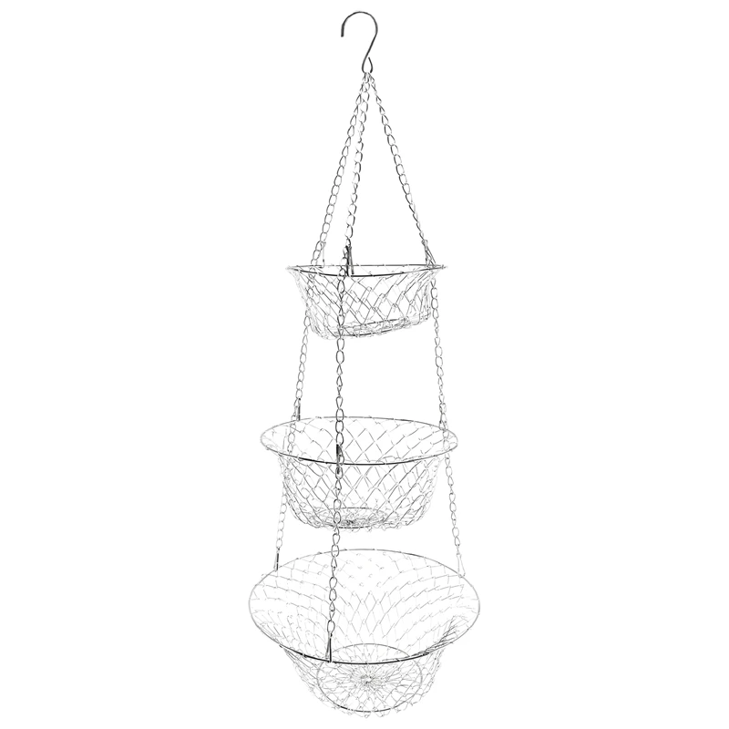 3 Tier Fruit Basket, Vegetable Kitchen Storage Basket Chain Hanging Space Saving Fruits, Plants Storage Basket(Silver)-A09G