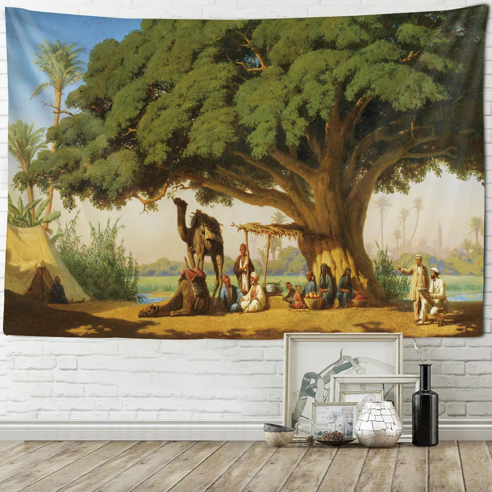 Vintage European Landscape Figure Oil Painting Tapestry Wall Hanging Sofa Background Decorative Cloth Room Decoration