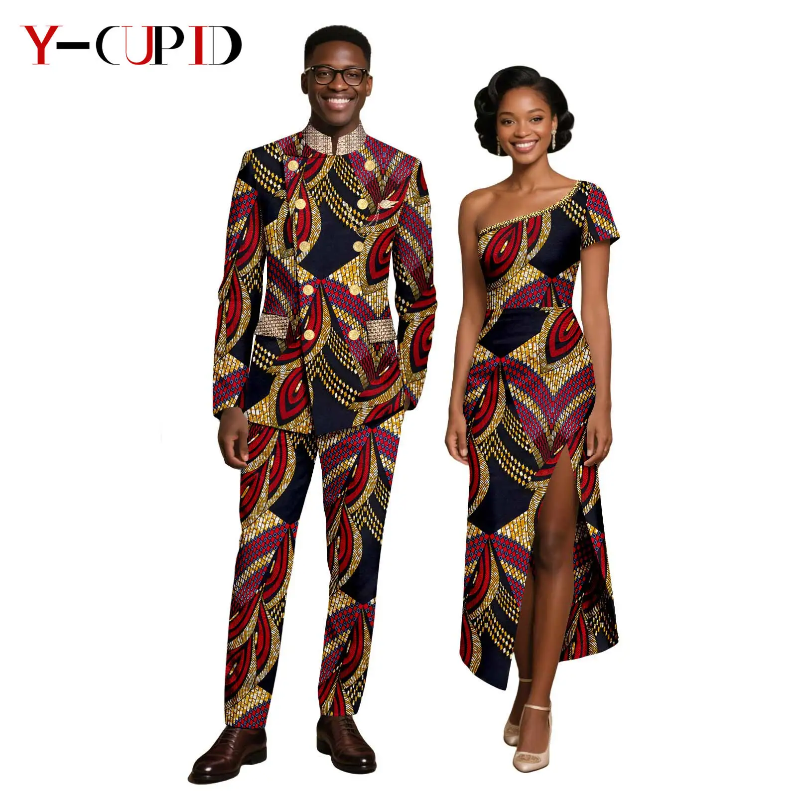 

African Print Split Dresses for Women Matching Couple Clothes Men Outfits Dashiki Top Jackets and Pant Sets Vestidos 25C057