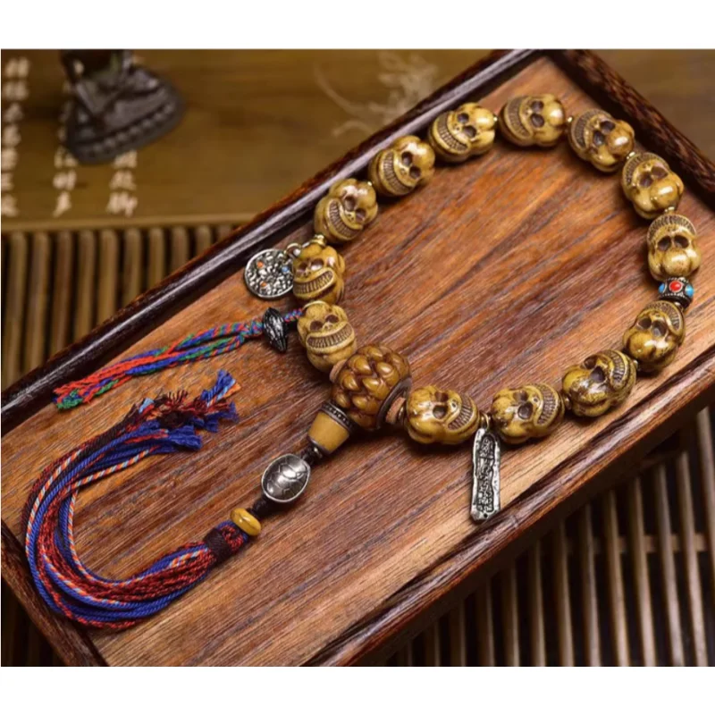 Chinese Tibetan-style Tibetan Back Flow Yak Bone Carving Literature Play Beads Hand Strings