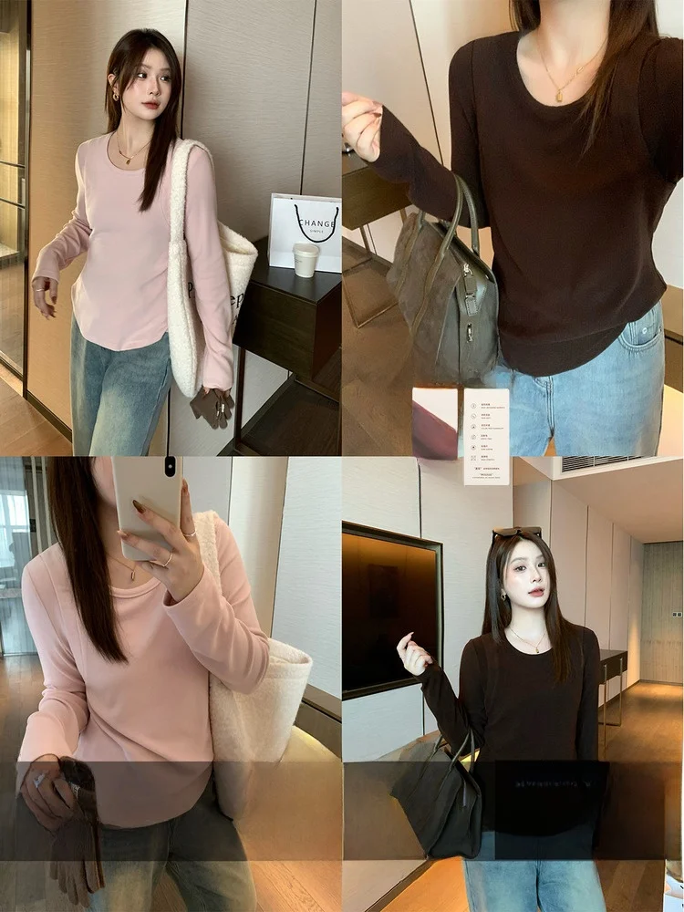 

Универсальная женская футболка миди большого размера с круглым вырезом, длиной до плеч, повседневная, однотонная, приталенная, с длинным рукавом