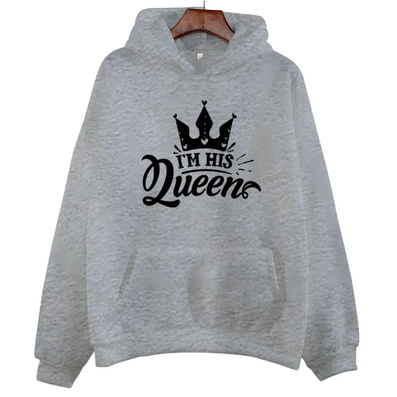 Matching Couples Sweatshirt I’m Her King I’m His Queen Graphic Women Sweater Long Sleeve Print Matching Outfit for Couples Hoody