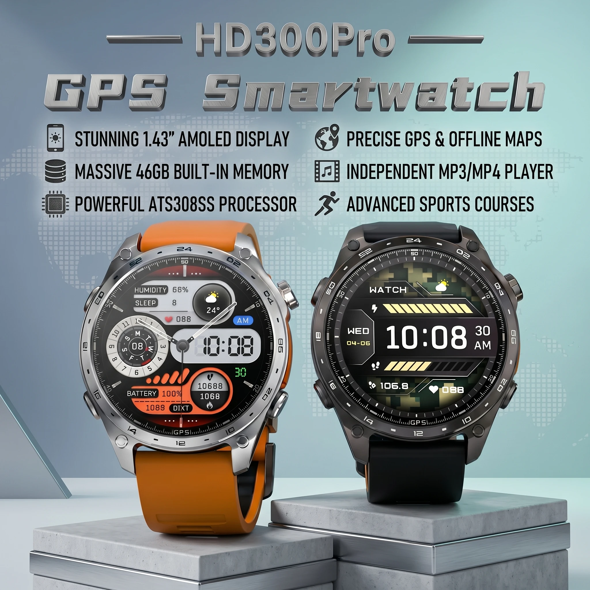 2026 HD300Pro GPS Smart Watch Bluetooth 5.4 Calling 4GB Built-in Memory Offline Map 1.43Inch AMOLED 5ATM Waterproof Sports Watch