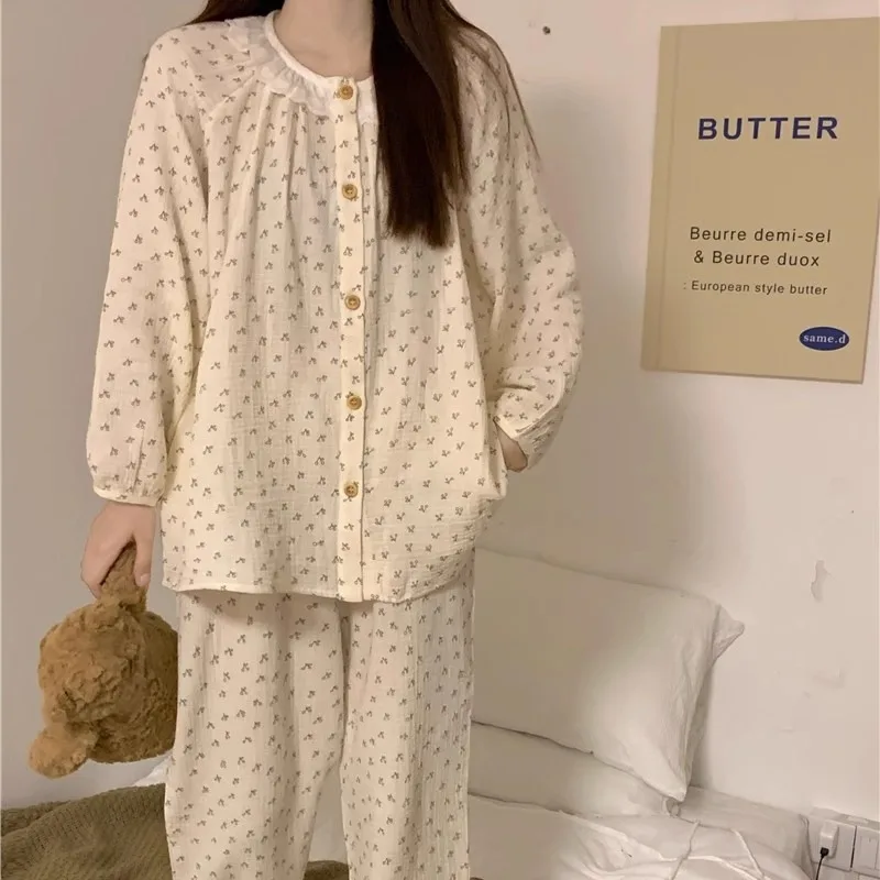 Women Pajamas Sets Spring Korean Sleepwear 2 Piece Floral Pyjama Long Sleeve Top Pants Pijama Cute Mujer Pjs Homewear Home Suit