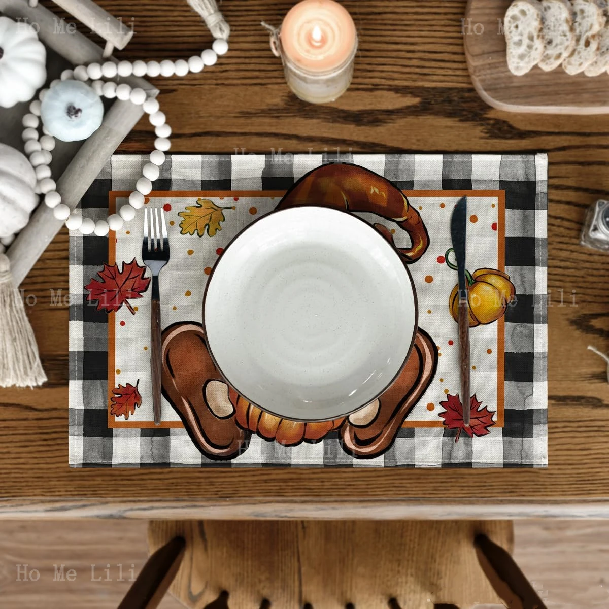 Black Gnome Pumpkin Buffalo Plaid Fall Autumn Thanksgiving Placemats For Outdoor Home Party Dining Decoration