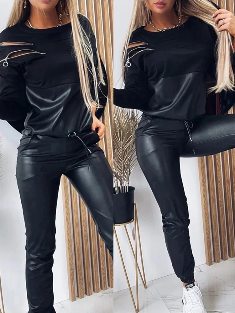 

Spring Autumn Women Fashion Two Piece Suit Sets Long Sleeve Zipper Design PU Leather Patch Top & Drawstring Pants Set
