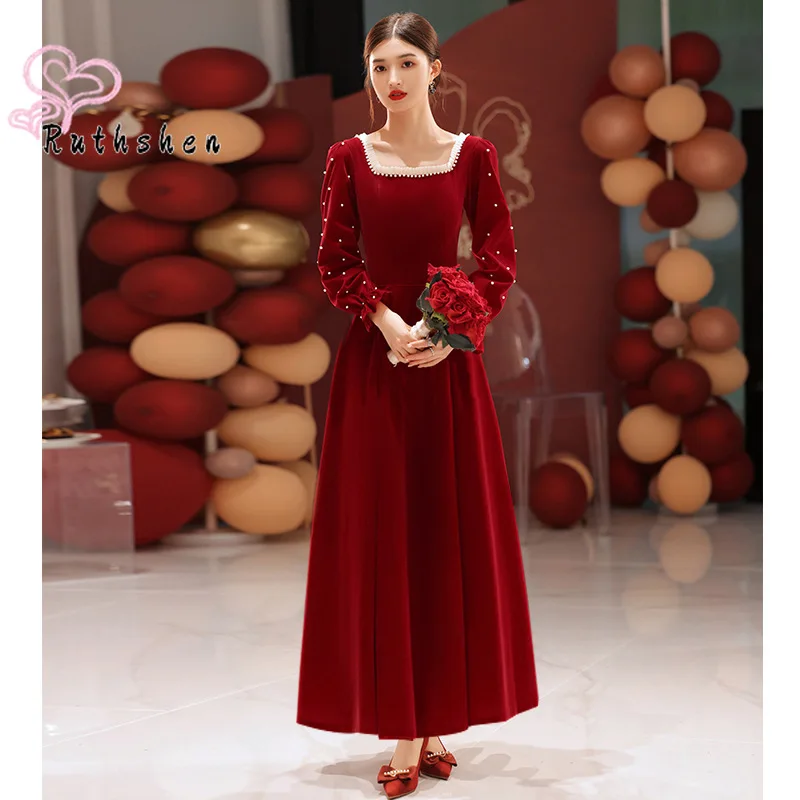 Elegant Dress Women for Wedding Party Long Sleeves Prom Dresses Burgundy Vestidos De Gala Pearls Beaded Robe De Soiree