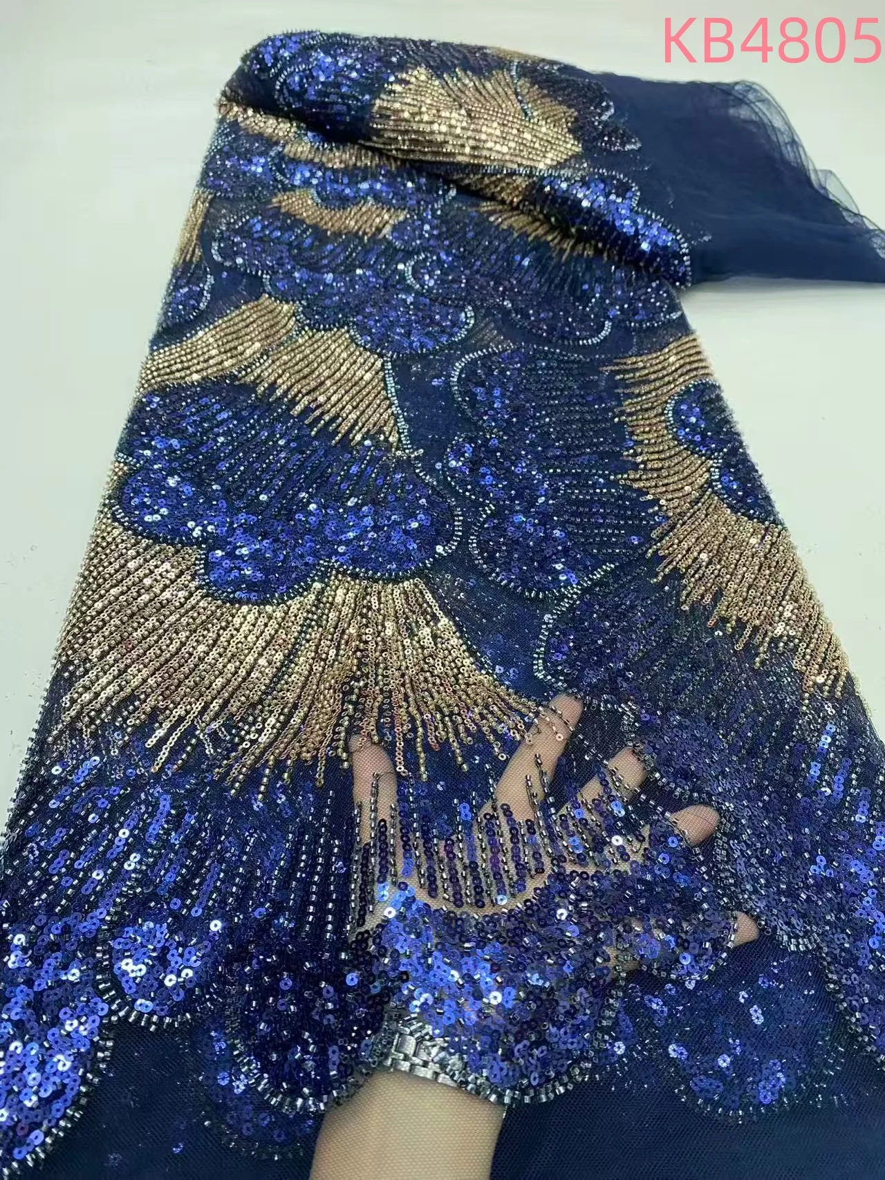 

Royal Blue Beaded Lace Fabrics With Sequence African Wedding Party Dresses 2025 Gold Beads Tulle Lace Fabrics For Sewing KB4805