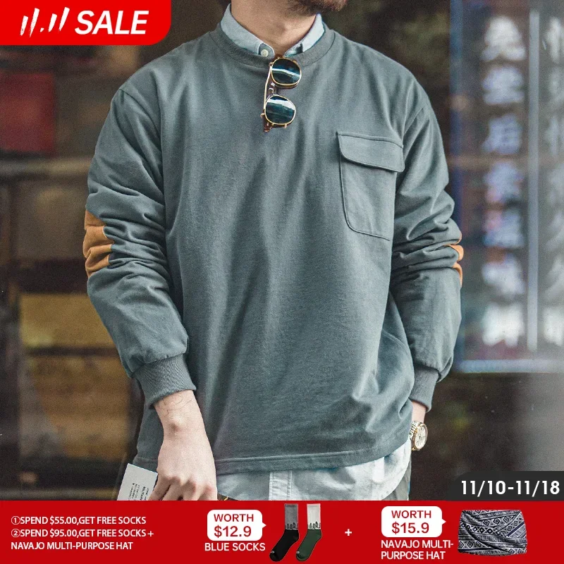 Maden Vintage Long-Sleeve T-Shirt with Suede Elbow Patches and Pocket Loose Fit Crew Neck Cotton Sweatshirt for Men's Autumn Top