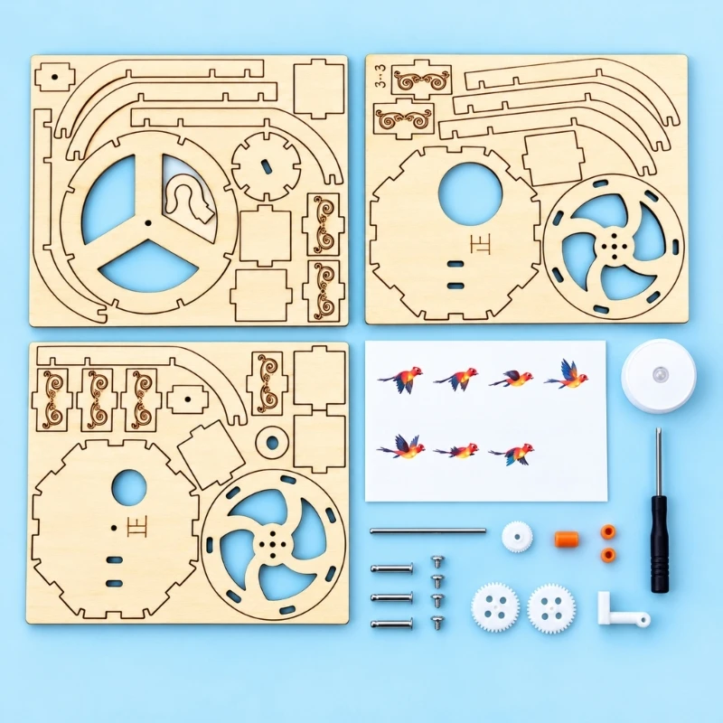 Bird-and-Cage Optical Afterimage DIY Science Model, Manually Operated Wooden Illusion Project for Family Activities and 15UB