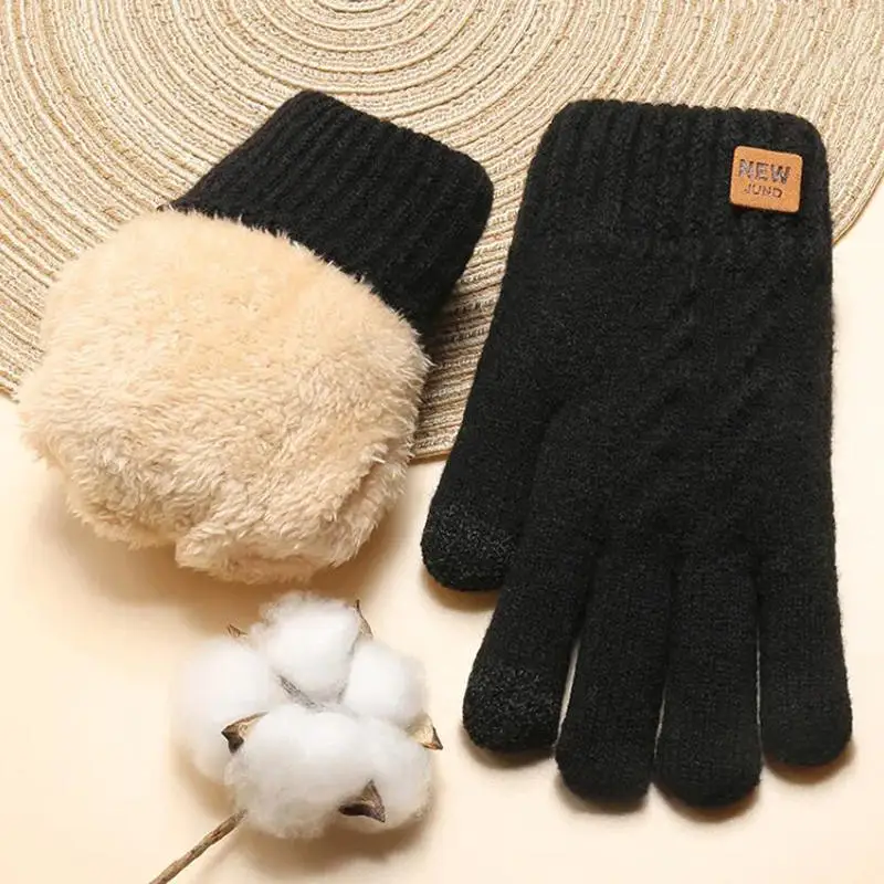 Fleece Lined Fashion Warm Winter Touch Screen Double-layer Plus Velvet Thickened Outdoor Cycling Cold-proof Solid Color Gloves