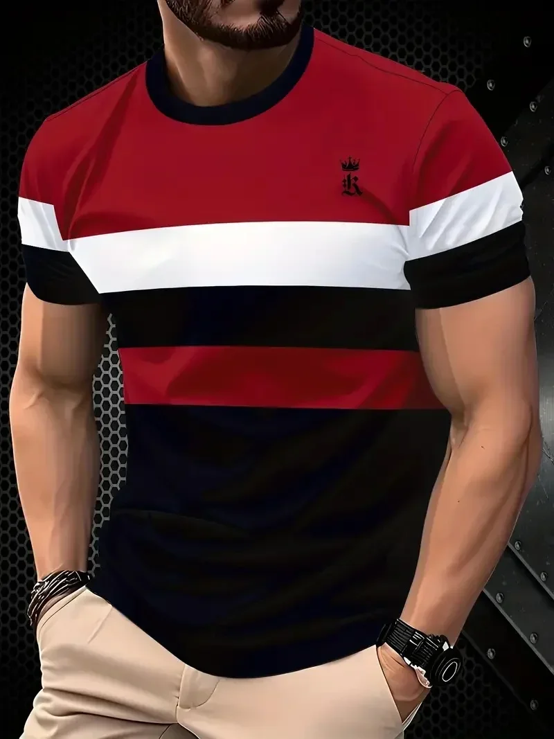 Trend Cool Men's 3D Letter K Printed T-Shirt Classic Stripe Graphic Crew Neck Short Sleeve Summer Outdoor Adventure Tee Tops