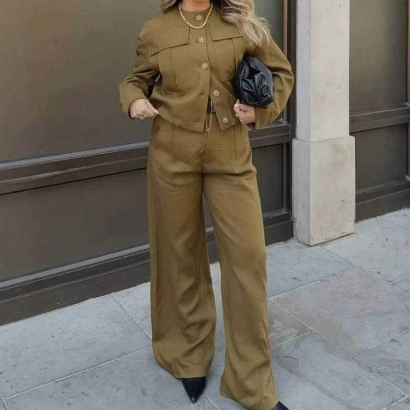 

2025 Spring and Autumn American Retro Three-dimensional Pocket Jacket High Waist Straight Pants Women's Suit